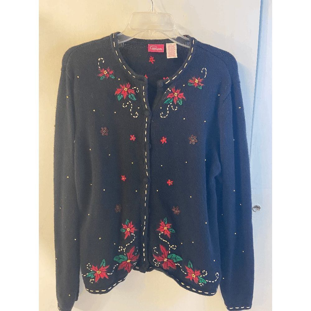 Pappagallo Christmas‎ Sweater Poinsettia Flowers Large L